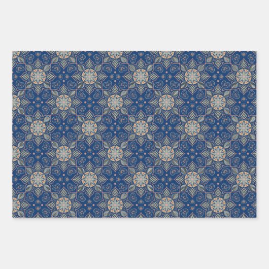 Blume Mandala Batik Muster auf Weiß-Blau-Rosa Geschenkpapier Set (Vorderseite 2)