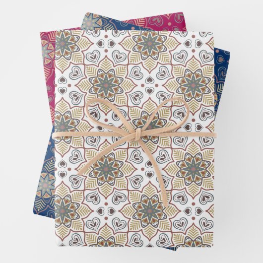 Blume Mandala Batik Muster auf Weiß-Blau-Rosa Geschenkpapier Set (Beispiel)