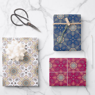 Blume Mandala Batik Muster auf Weiß-Blau-Rosa Geschenkpapier Set