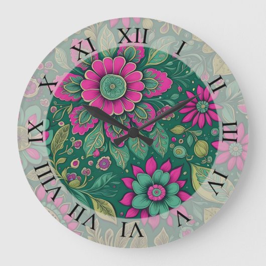 Blume Mandala Blüten rosa grün Große Wanduhr (Vorderseite)