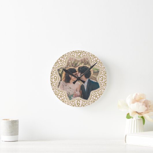 Blume Mandala florales Foto Blush Pink Gold Runde Wanduhr (Zuhause)