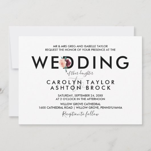 Blume | Maroon Formal Wedding Einladung (Vorderseite)