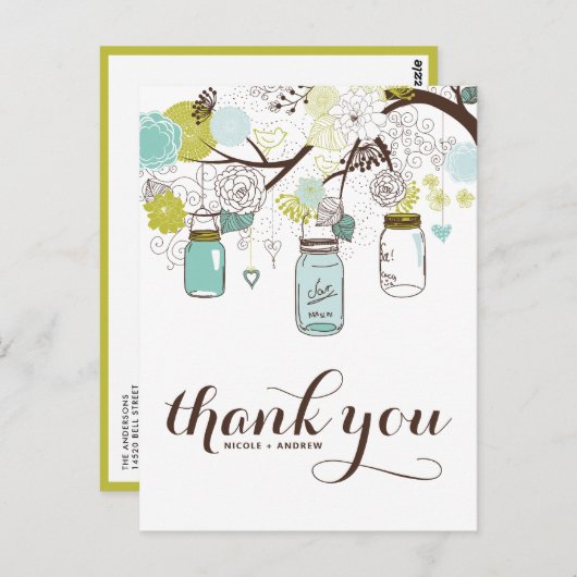 BLUME & MASON JARS WEDEDK DANK IHNEN POSTCARD POSTKARTE (Vorne/Hinten)
