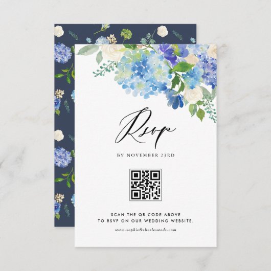 Blume mit blauem Hydrangea, die QR-Code einhalten RSVP Karte (Vorne/Hinten)