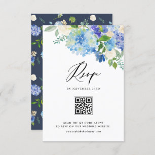 Blume mit blauem Hydrangea, die QR-Code einhalten RSVP Karte