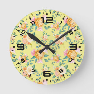 Blume mit blühender Rose Gelber Hintergrund-2322 Runde Wanduhr