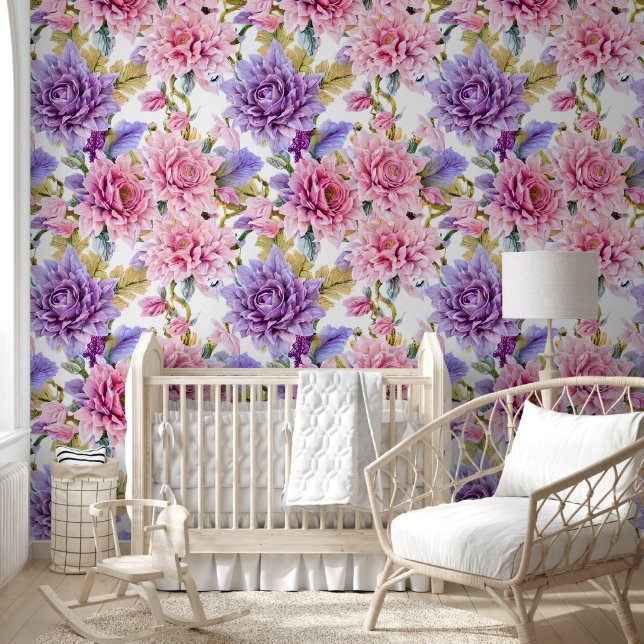 Blume mit Blumenmuster Collage Wandbraun rosa lila Tapete (Kinder)