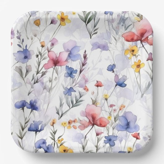 Blume mit Blumenmuster Wasserfarbe Blau Rosa Botan Pappteller (Vorderseite)