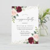 Blume mit Burgund und Blush Glitzer-Engagement Einladung (Stehend Vorderseite)