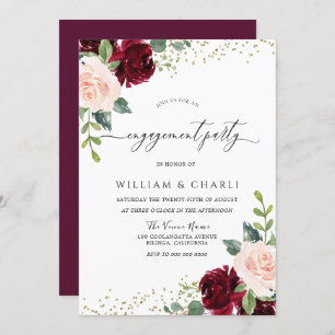 Blume mit Burgund und Blush Glitzer-Engagement Einladung