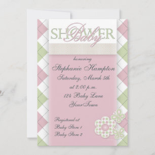 Blume mit Checkboard in Pink - Green Baby Show Einladung