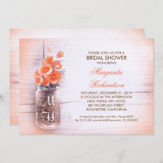 Blume mit elegantem Pfirsichglas Brautparty Einladung (Vorne/Hinten)