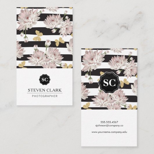 Blume mit glitzernden Schmetterlingen Visitenkarte (Vorne/Hinten)