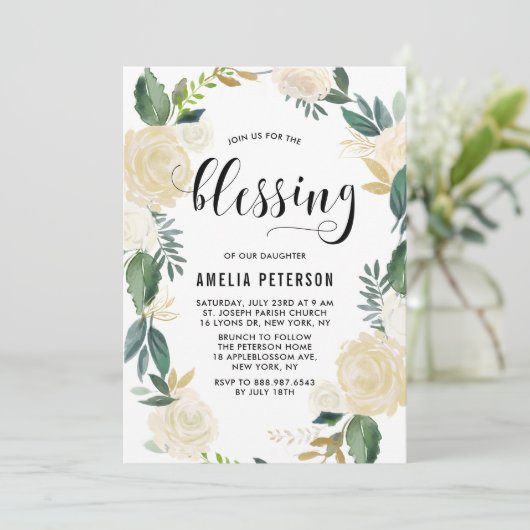 Blume mit Gold Glitzer Baby Segen Einladung (Stehend Vorderseite)