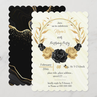 Blume mit Gold und Schwarz zum Geburtstag Einladung