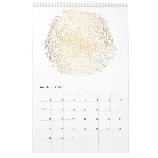 Blume mit goldfarbenen Tropen und Gartenpflanzen. Kalender (Mär 2026)