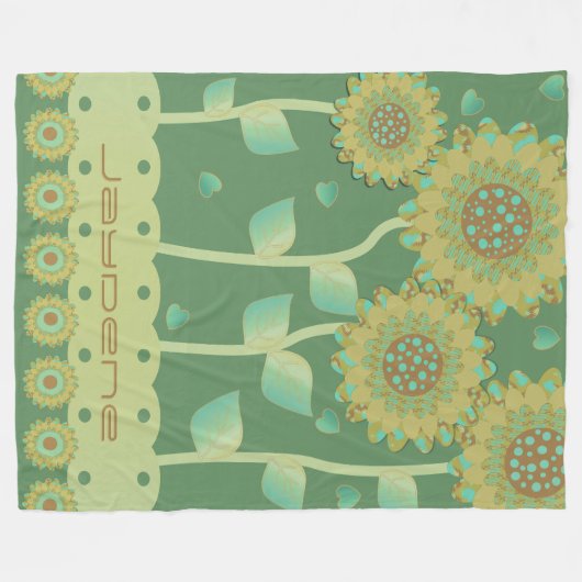 Blume mit Herz in grün und karamellbraun Fleecedecke (Vorderseite (Horizontal))