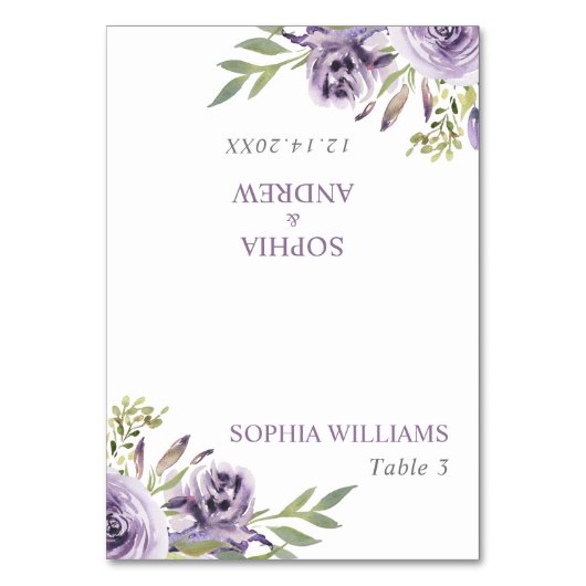 Blume mit lila Rose beim Hochzeitstisch Tischnummer (Vorderseite)