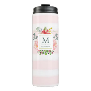 Blume mit Monogramm und Streifen Thermosbecher