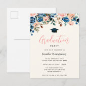 Blume mit rosa und blauer Wasserfarbe Graduation P Einladungspostkarte (Vorne/Hinten)