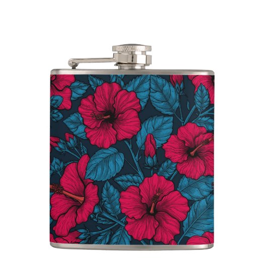 Blume mit rotem Hibiskus Flachmann (Vorderseite)