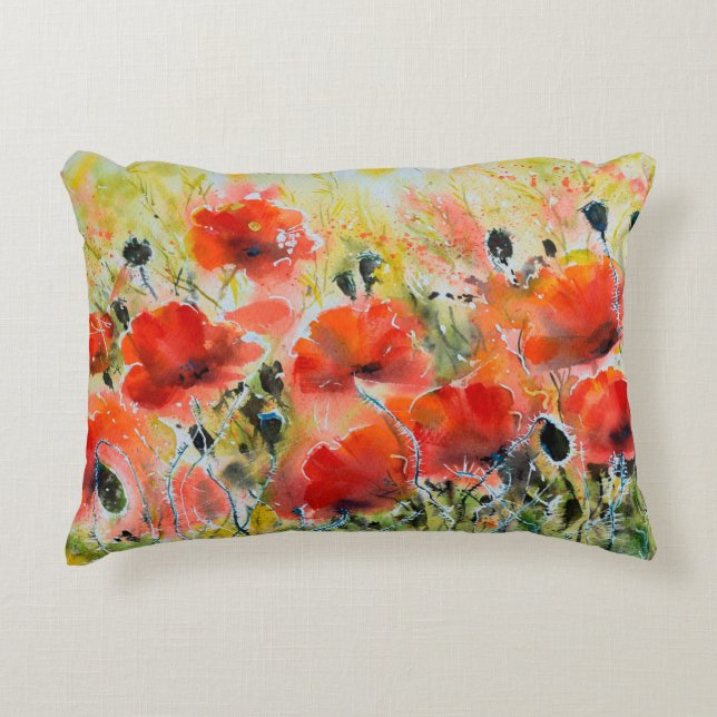 Blume mit rotem Mohn mit Wasserfarbe. Blume Dekokissen (Vorderseite)