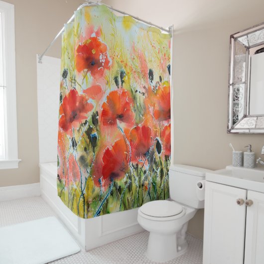 Blume mit rotem Mohn mit Wasserfarbe. Blume Duschvorhang (Beispiel)