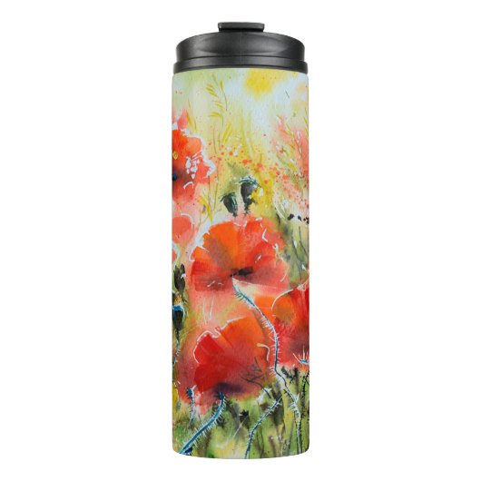 Blume mit rotem Mohn mit Wasserfarbe. Blume Thermosbecher (Vorderseite)