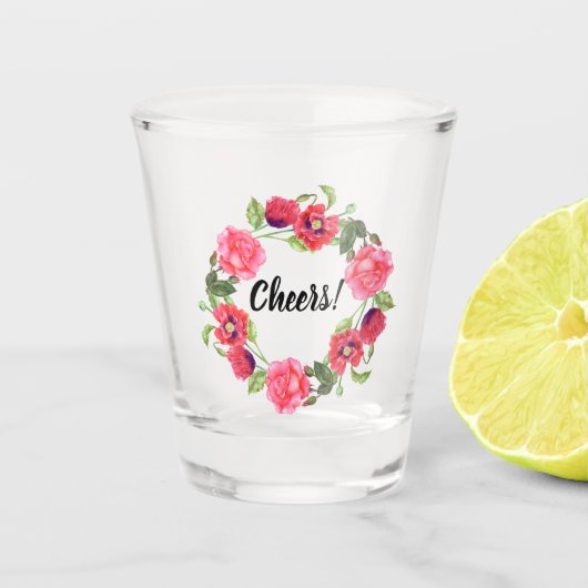 Blume mit roten und rosa Wasserfarben - Gestaltung Schnapsglas (Vorderseite)