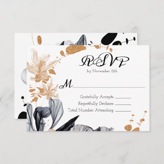 Blume mit RSVP-Hochzeit für Schwarz und Gold Begleitkarte (Vorne/Hinten)