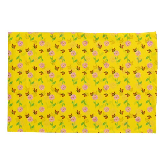Blume mit Schmetterlingen auf gelbem Hintergrund Kissenbezug (Rückseite-Links)