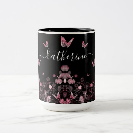 Blume mit Schmetterlingen Zweifarbige Tasse (Mittel)