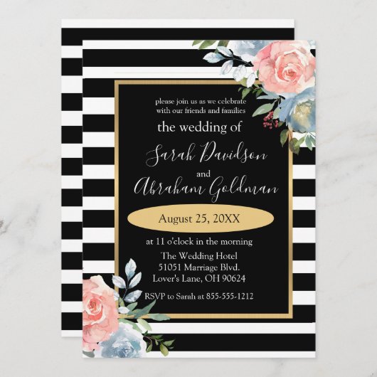 Blume mit schwarzem und weißem Streifen, Rose Hoch Einladung (Vorne/Hinten)