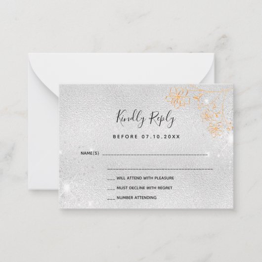 Blume mit Silbergold Hochzeit RSVP Mitteilungskarte (Vorderseite)
