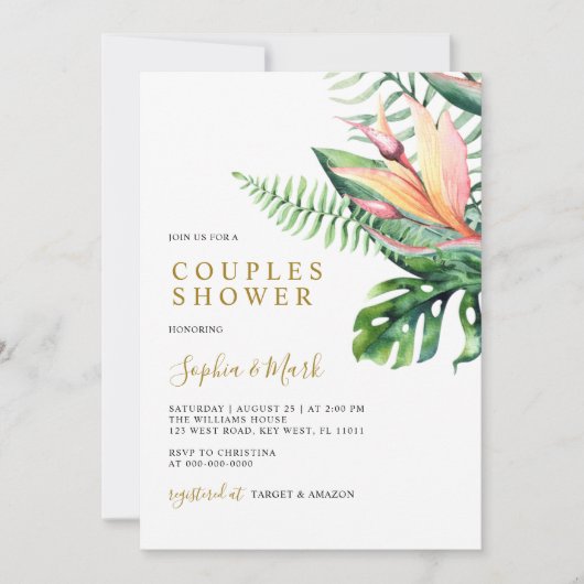 Blume mit tropischer Vegetation Moderne Paare Dusc Einladung (Vorderseite)