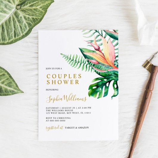 Blume mit tropischer Vegetation Moderne Paare Dusc Einladung