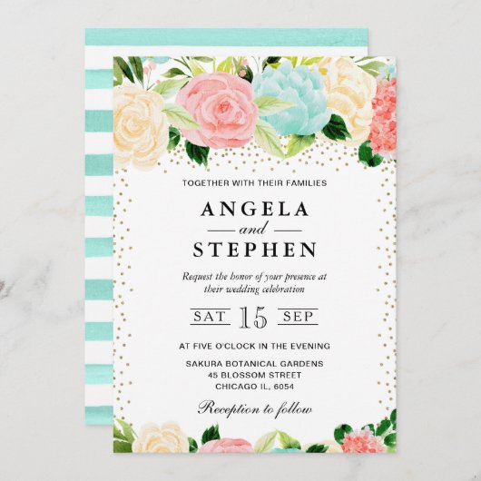 Blume mit Wasserfarbe Rosa und Minze Hochzeit Einladung (Vorne/Hinten)