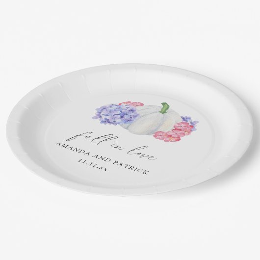 Blume mit weißem Kürbis und Hydrangea Hochzeit Pappteller (Schrägansicht)