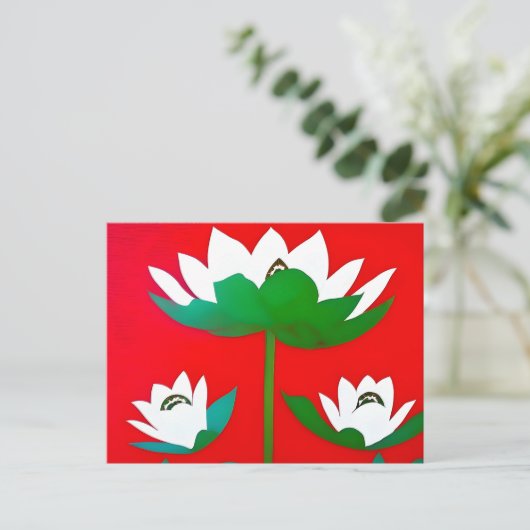 Blume mit weißem Lotus auf rotem Hintergrund Postkarte (Stehend Vorderseite)