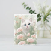 Blume mit weißer Katze und rosa Postkarte (Stehend Vorderseite)