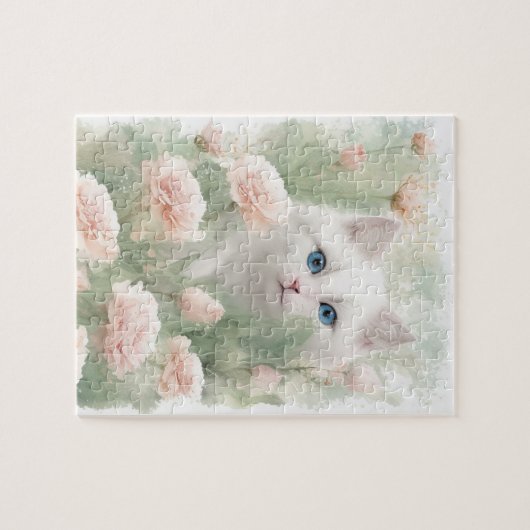 Blume mit weißer Katze und rosa Puzzle (Horizontal)