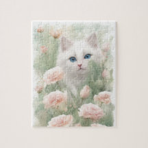 Blume mit weißer Katze und rosa
