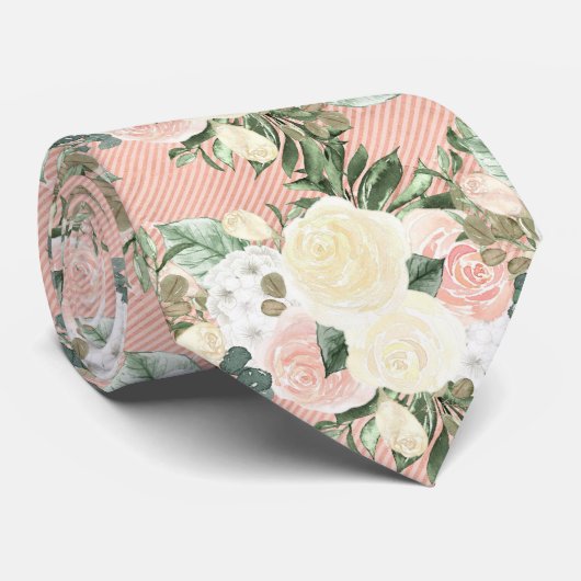 Blume mit weißer Rose auf rosa Streifen Krawatte (Gerollt)