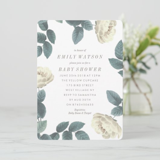 Blume mit weißer Rose Rahmen Kinderdusche Einladun Einladung (Stehend Vorderseite)