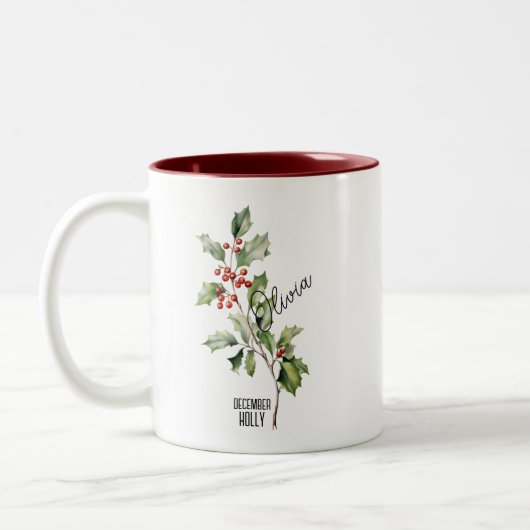 Blume Monat Dezember Holly Name Zweifarbige Tasse (Links)
