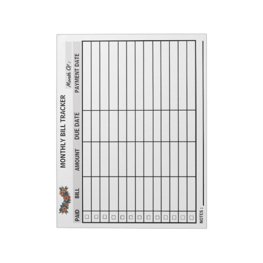 Blume Monatliche Bill Tracker Notepad Personalisie Notizblock (Rotiert)