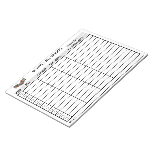Blume Monatliche Bill Tracker Notepad Personalisie Notizblock (angewinkelt)