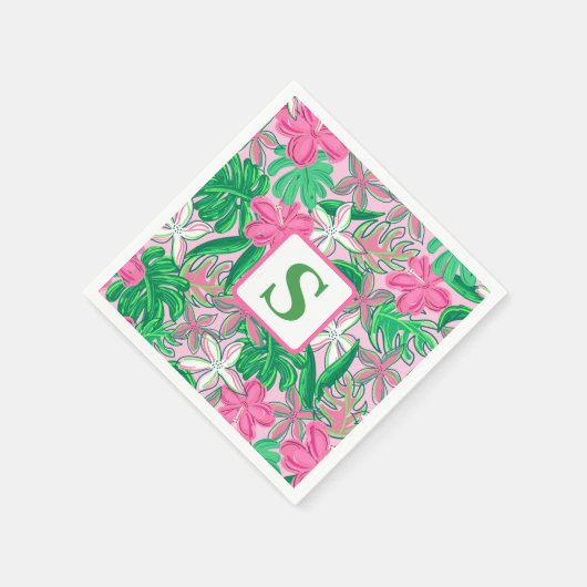 Blume Monogram Pink White Green Preppy Serviette (Ecke)