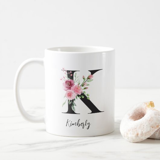 Blume Monogramm K Individuelle Name Kaffeetasse (Mit Donut)