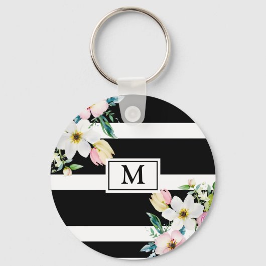 Blume Monogramm Schwarz-weiß gestrichen Schlüsselanhänger (Vorderseite)